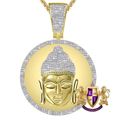 Real Genuine Diamond 0.61 Cwt. 30+ Grams Siddhartha Lord Gautama Buddha Head 10K Gold Over Buddhist Religious Pendent Medallion Charm 2.25"