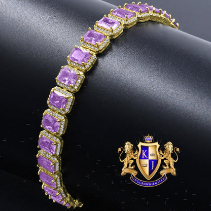25+ Grams 14K Yellow Gold Over Purple Amethyst 6.00 Cwt. Simulated Diamonds Solitaire Men's Ladies Unisex Tennis Link Bracelet 10mm/8.5 Inch