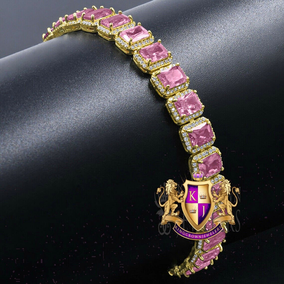 25+ Grams 14K Yellow Gold Finish Pink Tourmaline 6.00 Ct. Simulated Diamond Solitaire Men's Ladies Unisex Tennis Link Bracelet 10mm/8.5 Inch