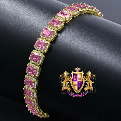 25+ Grams 14K Yellow Gold Finish Pink Tourmaline 6.00 Ct. Simulated Diamond Solitaire Men's Ladies Unisex Tennis Link Bracelet 10mm/8.5 Inch