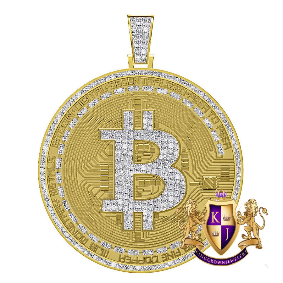 Real Genuine Diamond 0.60 Cwt. 21+ Grams Custom Piece Bitcoin Digital Money Cryptocurrency 10K Gold Over Pendent Charm Medallion Big 2.5''