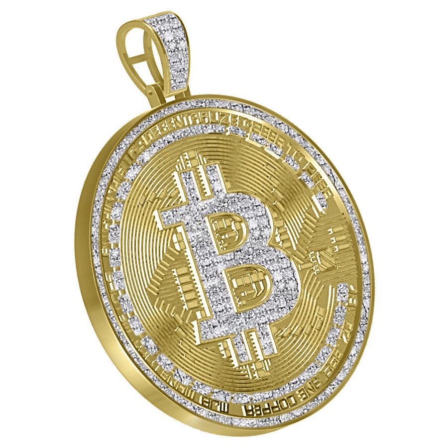 Real Genuine Diamond 0.60 Cwt. 21+ Grams Custom Piece Bitcoin Digital Money Cryptocurrency 10K Gold Over Pendent Charm Medallion Big 2.5''