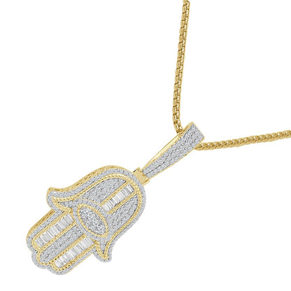 Baguette Real Genuine Sterling Silver 14K Gold Over Simulated Diamond Hamsa Hand Evil Eye Pendent 2'' Charm + Free Chain