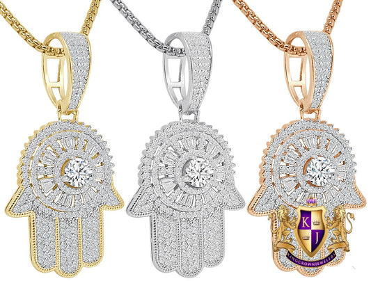 Solitaire Spinner Baguette Real Genuine Sterling Silver 14K Gold Over Simulated Diamond Hamsa Hand Pendent 2'' Charm + Free Chain