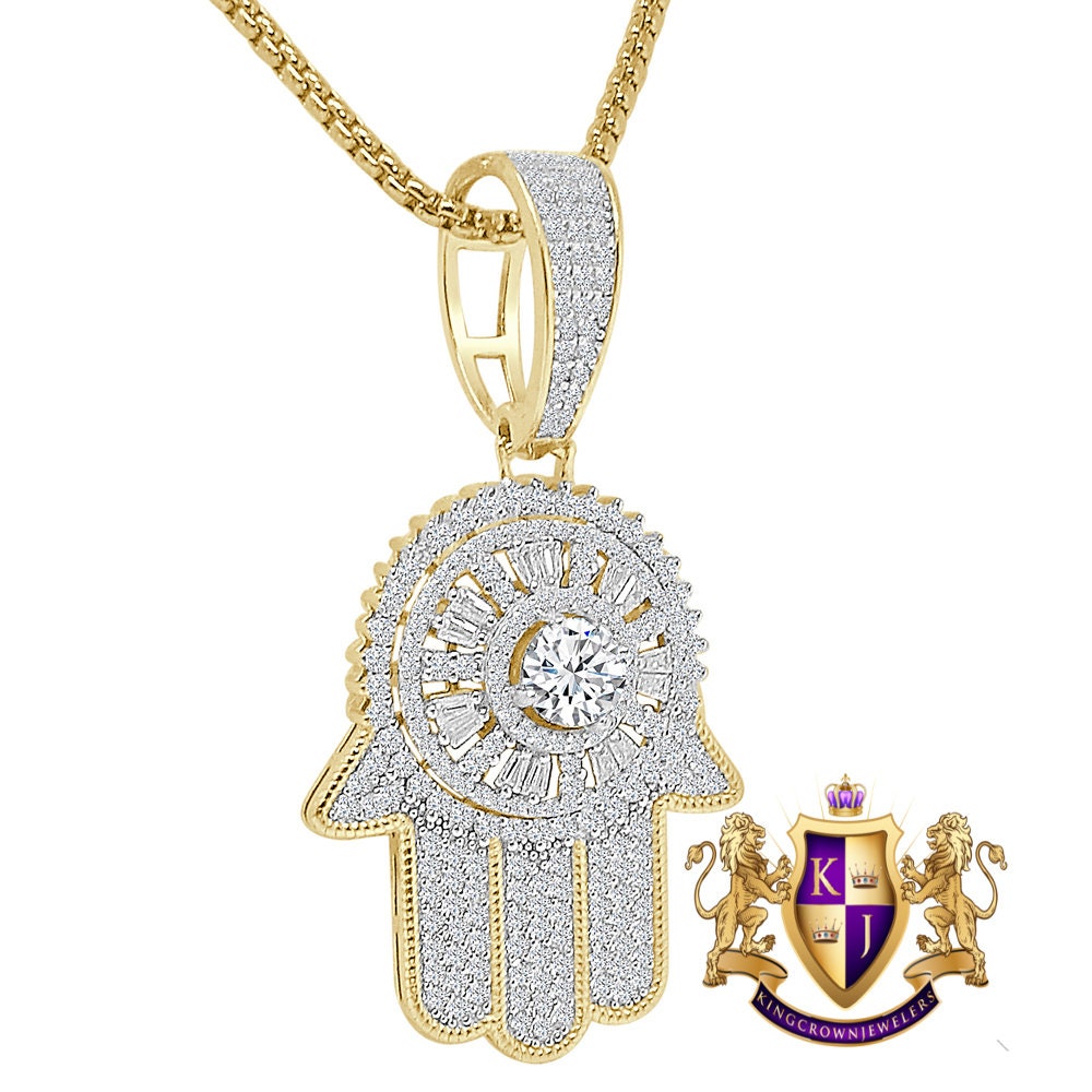 Solitaire Spinner Baguette Real Genuine Sterling Silver 14K Gold Over Simulated Diamond Hamsa Hand Pendent 2'' Charm + Free Chain
