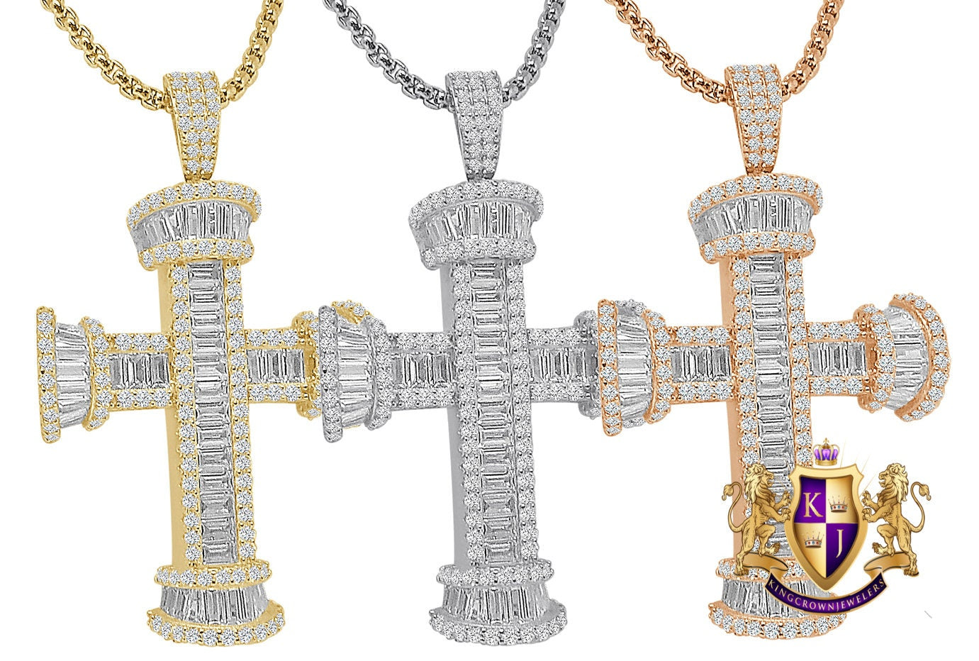 Authentic Italian Sterling Silver Baguette/Round Cut Simulated Diamond 14K Gold Over Pole Cross Jesus Piece Charm Pendent 2'' + Free Chain