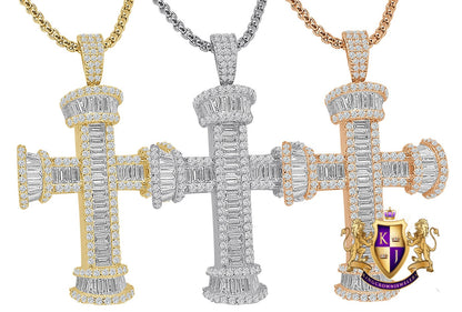 Authentic Italian Sterling Silver Baguette/Round Cut Simulated Diamond 14K Gold Over Pole Cross Jesus Piece Charm Pendent 2'' + Free Chain