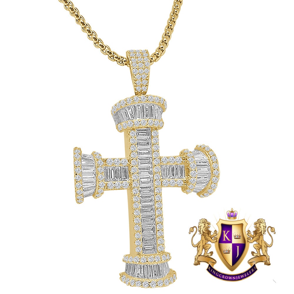 Authentic Italian Sterling Silver Baguette/Round Cut Simulated Diamond 14K Gold Over Pole Cross Jesus Piece Charm Pendent 2'' + Free Chain