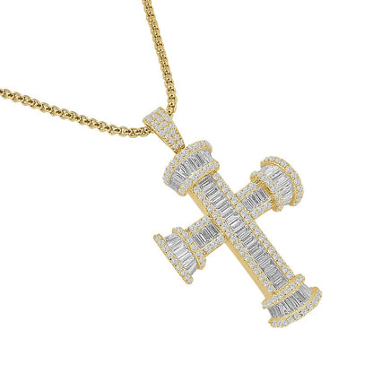 Authentic Italian Sterling Silver Baguette/Round Cut Simulated Diamond 14K Gold Over Pole Cross Jesus Piece Charm Pendent 2'' + Free Chain