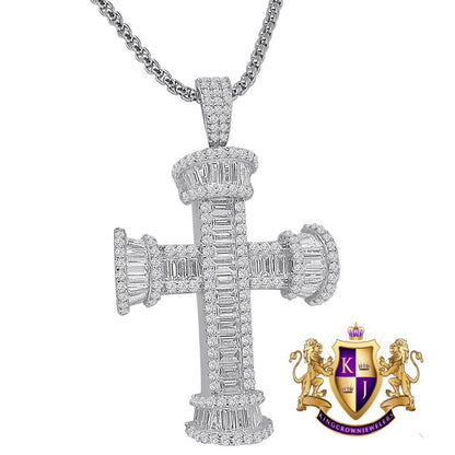 Authentic Italian Sterling Silver Baguette/Round Cut Simulated Diamond 14K Gold Over Pole Cross Jesus Piece Charm Pendent 2'' + Free Chain