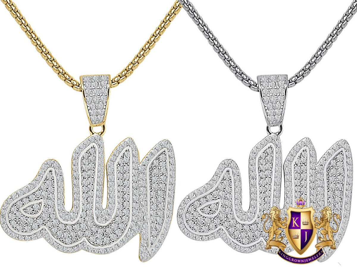 Real Italian Sterling Silver 2.00 Ct. Simulated Diamond Muslim God Allah Islamic Arabic Religious Unisex Charm Pendent + Free Chain Neckless