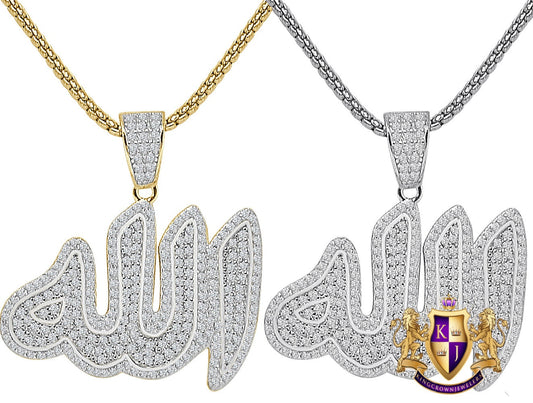 Real Italian Sterling Silver 2.00 Ct. Simulated Diamond Muslim God Allah Islamic Arabic Religious Unisex Charm Pendent + Free Chain Neckless