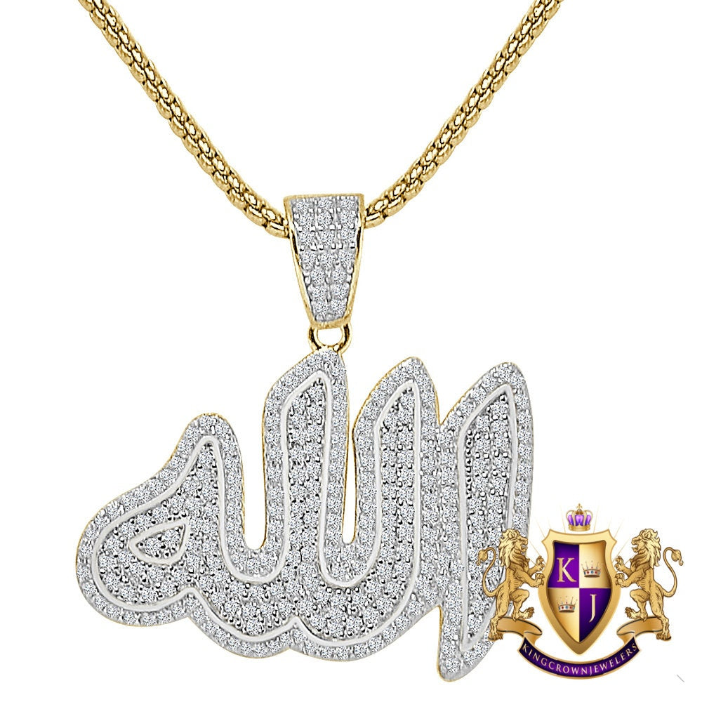 Real Italian Sterling Silver 2.00 Ct. Simulated Diamond Muslim God Allah Islamic Arabic Religious Unisex Charm Pendent + Free Chain Neckless