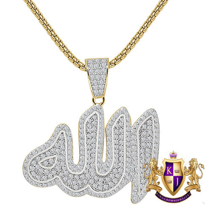 Real Italian Sterling Silver 2.00 Ct. Simulated Diamond Muslim God Allah Islamic Arabic Religious Unisex Charm Pendent + Free Chain Neckless