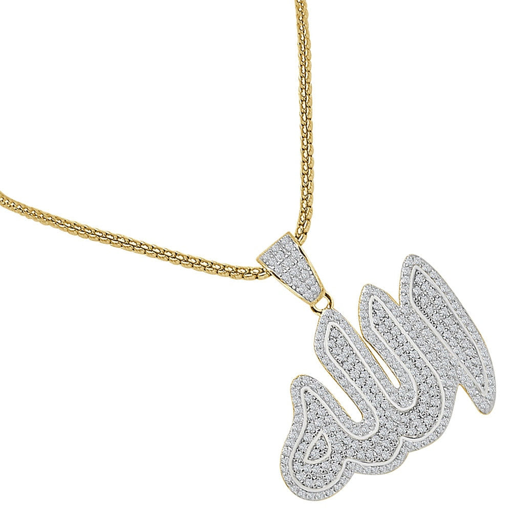 Real Italian Sterling Silver 2.00 Ct. Simulated Diamond Muslim God Allah Islamic Arabic Religious Unisex Charm Pendent + Free Chain Neckless