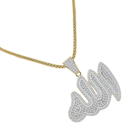 Real Italian Sterling Silver 2.00 Ct. Simulated Diamond Muslim God Allah Islamic Arabic Religious Unisex Charm Pendent + Free Chain Neckless