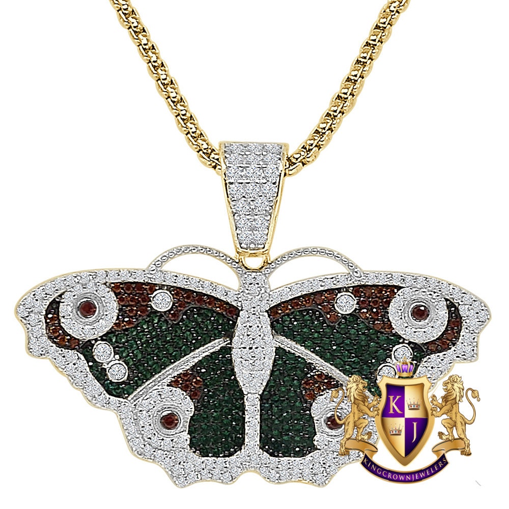 Real Genuine Sterling Silver Multi Tone Simulated Diamond Butterfly Pendent 14K Gold Over Charm + Free Chain