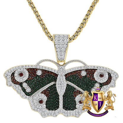 Real Genuine Sterling Silver Multi Tone Simulated Diamond Butterfly Pendent 14K Gold Over Charm + Free Chain
