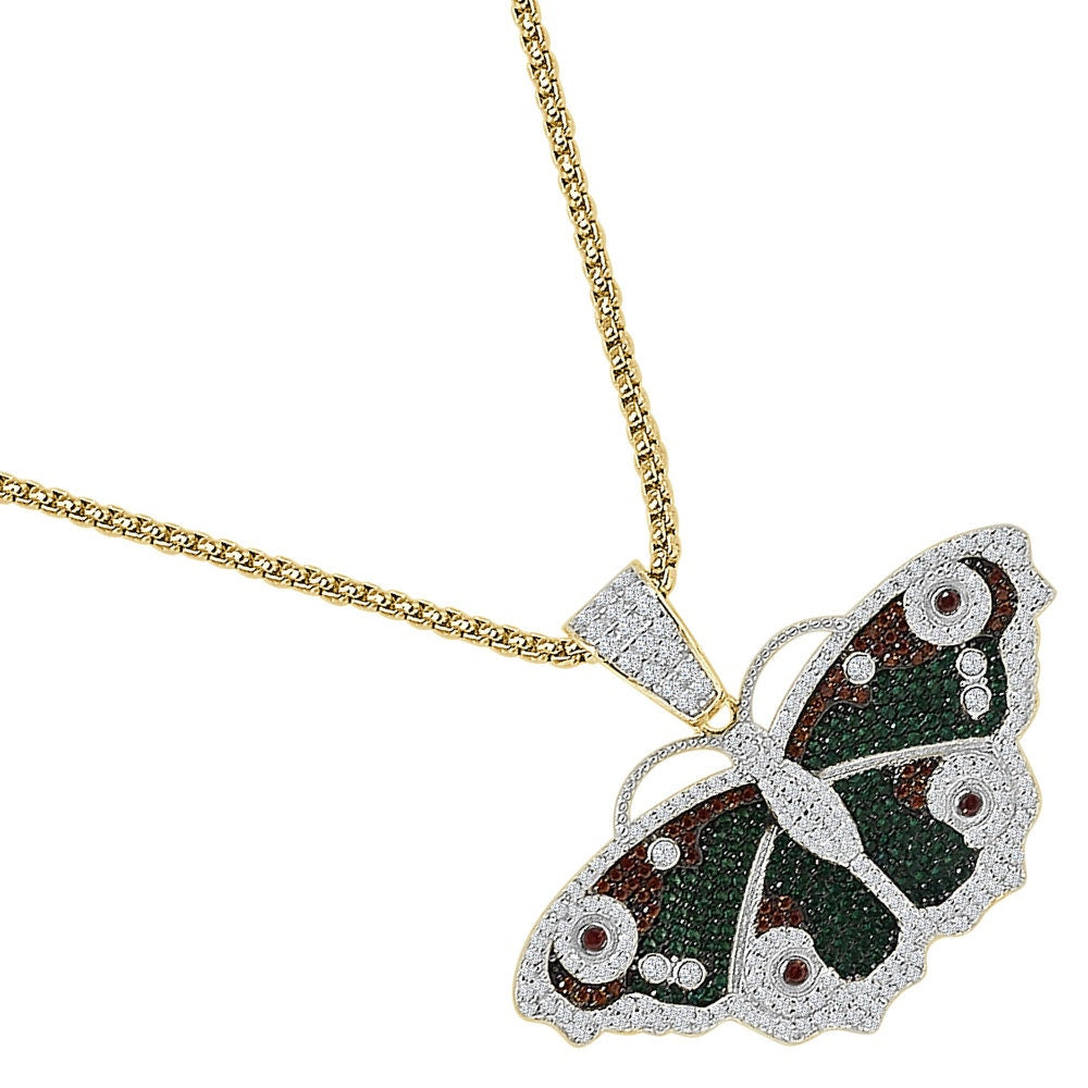 Real Genuine Sterling Silver Multi Tone Simulated Diamond Butterfly Pendent 14K Gold Over Charm + Free Chain