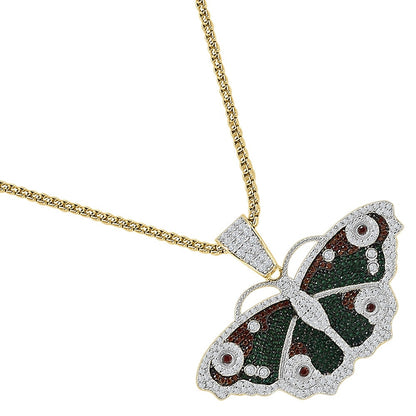 Real Genuine Sterling Silver Multi Tone Simulated Diamond Butterfly Pendent 14K Gold Over Charm + Free Chain