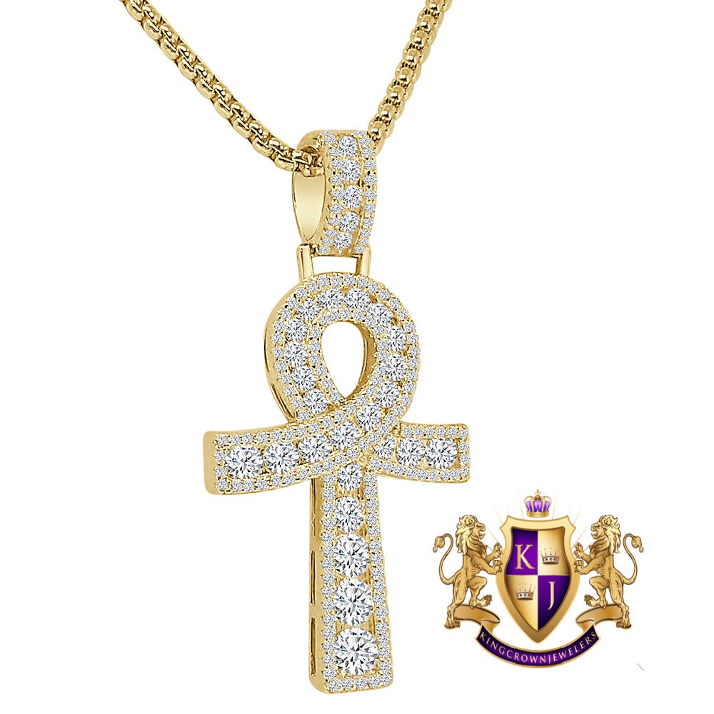 Solitaire Pure Sterling Silver Round Cut Simulated Diamond 14K Gold Over Egyptian Ankh Cross Charm Pendent 1.90''+ Free Chain