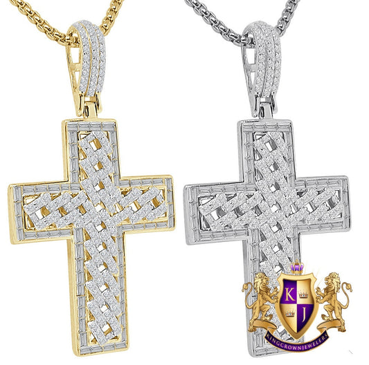 Real Italian Sterling Silver Simulated Diamond 14K Gold Over Holy Cross Jesus Piece Designer Charm Pendent 2.25'' + Free Chain
