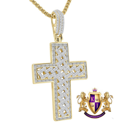 Real Italian Sterling Silver Simulated Diamond 14K Gold Over Holy Cross Jesus Piece Designer Charm Pendent 2.25'' + Free Chain