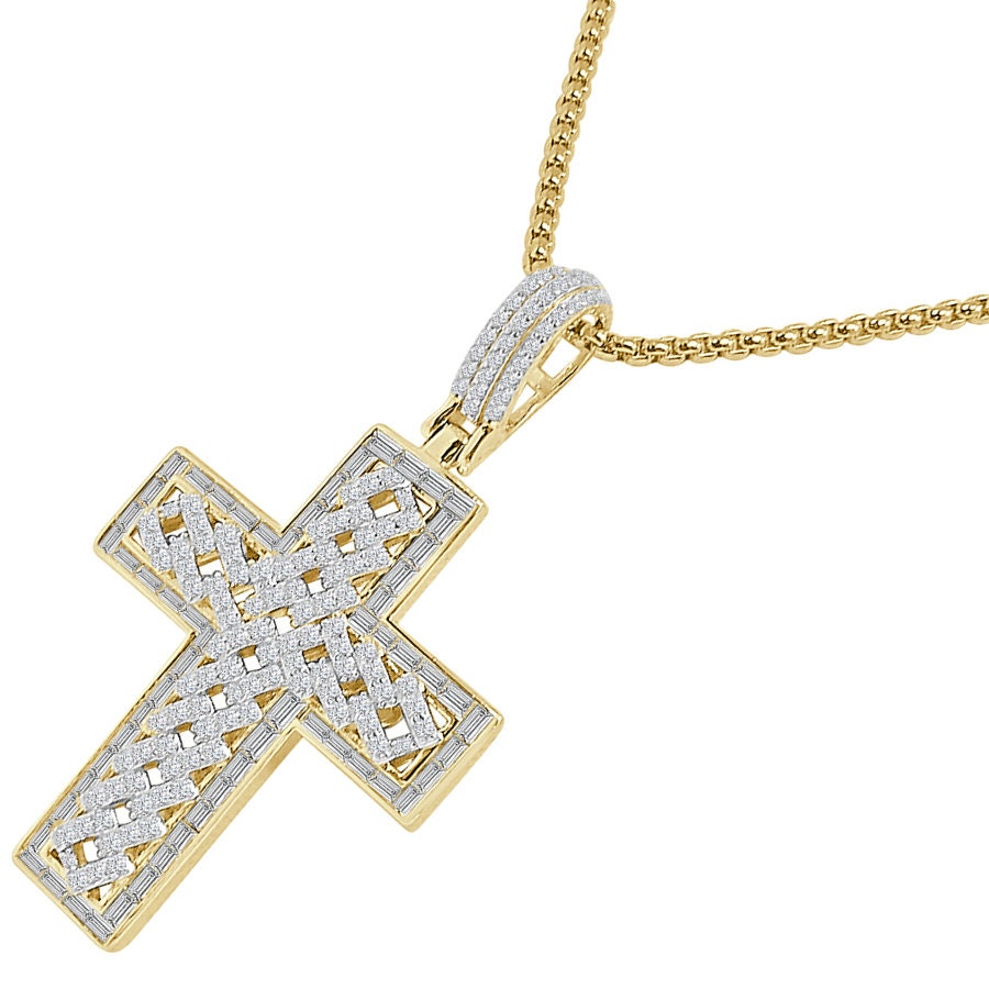 Real Italian Sterling Silver Simulated Diamond 14K Gold Over Holy Cross Jesus Piece Designer Charm Pendent 2.25'' + Free Chain