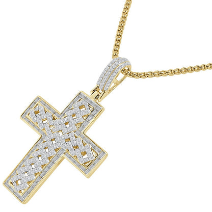 Real Italian Sterling Silver Simulated Diamond 14K Gold Over Holy Cross Jesus Piece Designer Charm Pendent 2.25'' + Free Chain