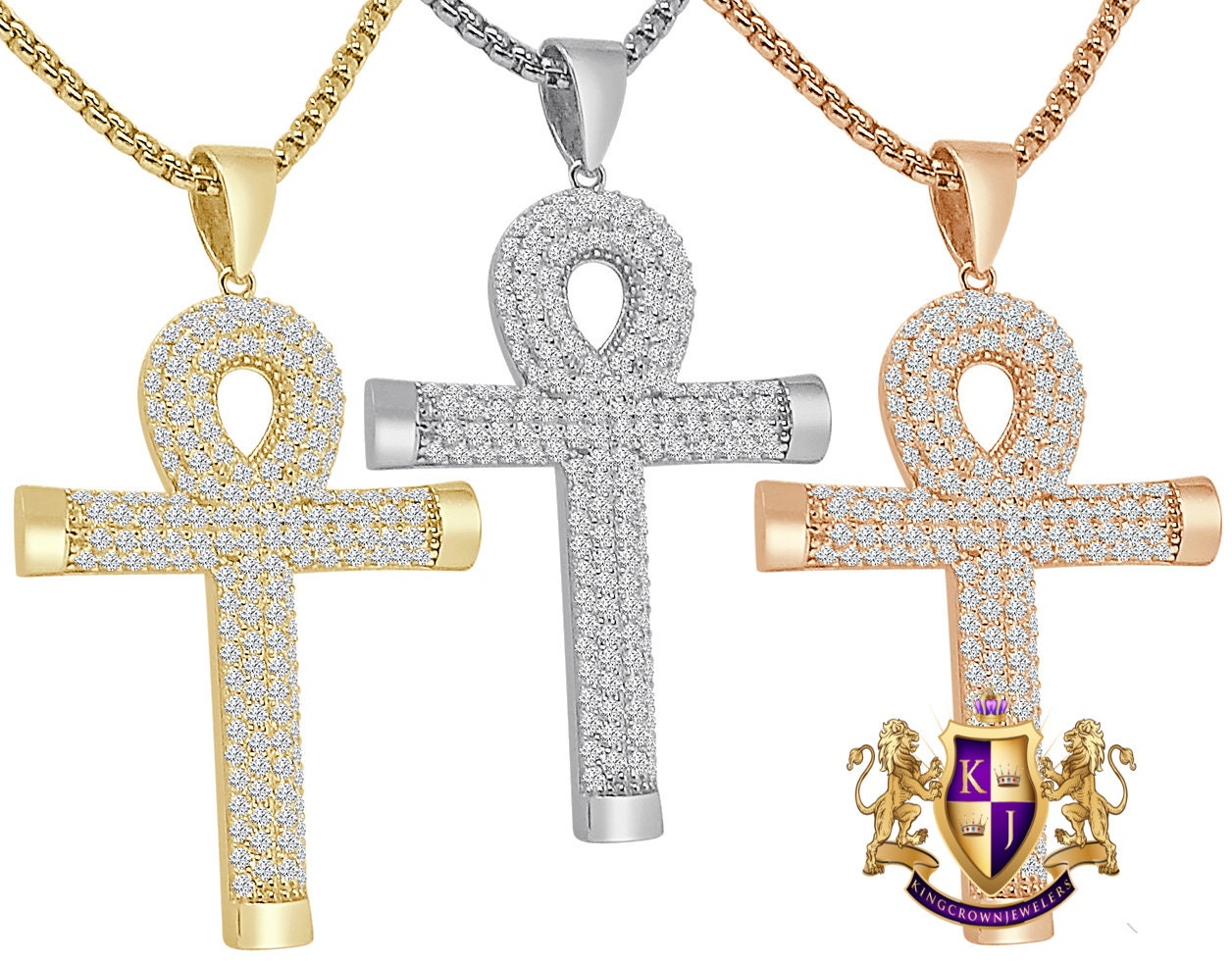 925 Sterling Silver Pave Simulated Diamond 14K Gold Over Egyptian Ankh Cross Charm Pendent Small 1.70''+ Free Chain