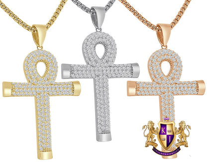 925 Sterling Silver Pave Simulated Diamond 14K Gold Over Egyptian Ankh Cross Charm Pendent Small 1.70''+ Free Chain