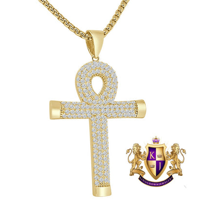 925 Sterling Silver Pave Simulated Diamond 14K Gold Over Egyptian Ankh Cross Charm Pendent Small 1.70''+ Free Chain