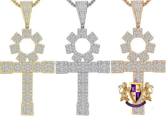 30+ Grams Big XL 3'' Real Sterling Silver 14K Gold Over Baguette/Round Cut Simulated Diamond Egyptian Ankh Cross Charm Pendent + Free Chain