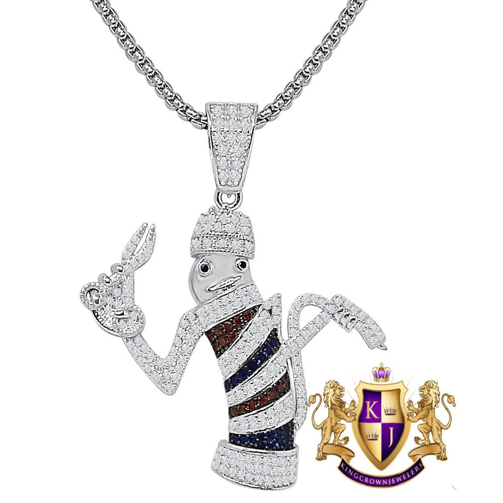 Real Genuine Sterling Silver Multi Tone Simulated Diamond 14k Gold Over Barber Shop Pole Pendant Charm + Free Chain