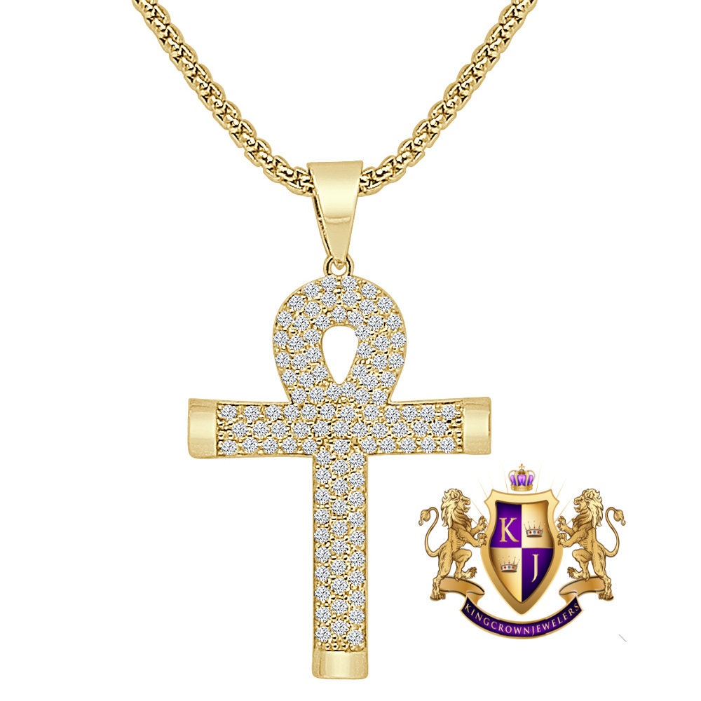 2'' Sterling Silver Round Cut Simulated Diamond 14K Gold Over Egyptian Ankh Cross Charm Pendent + Free Chain