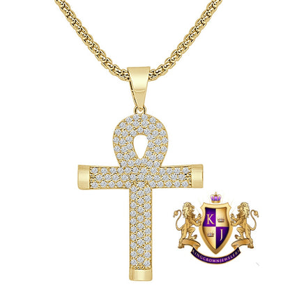 2'' Sterling Silver Round Cut Simulated Diamond 14K Gold Over Egyptian Ankh Cross Charm Pendent + Free Chain