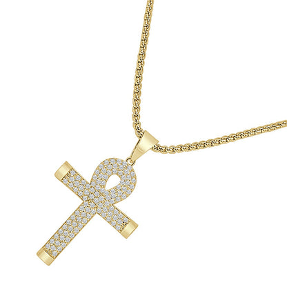 2'' Sterling Silver Round Cut Simulated Diamond 14K Gold Over Egyptian Ankh Cross Charm Pendent + Free Chain