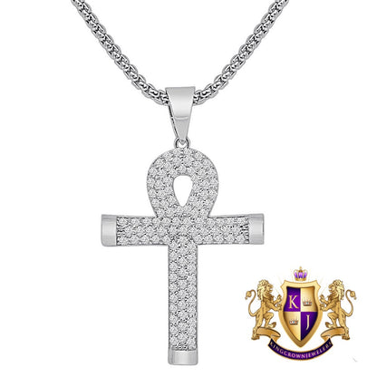 2'' Sterling Silver Round Cut Simulated Diamond 14K Gold Over Egyptian Ankh Cross Charm Pendent + Free Chain