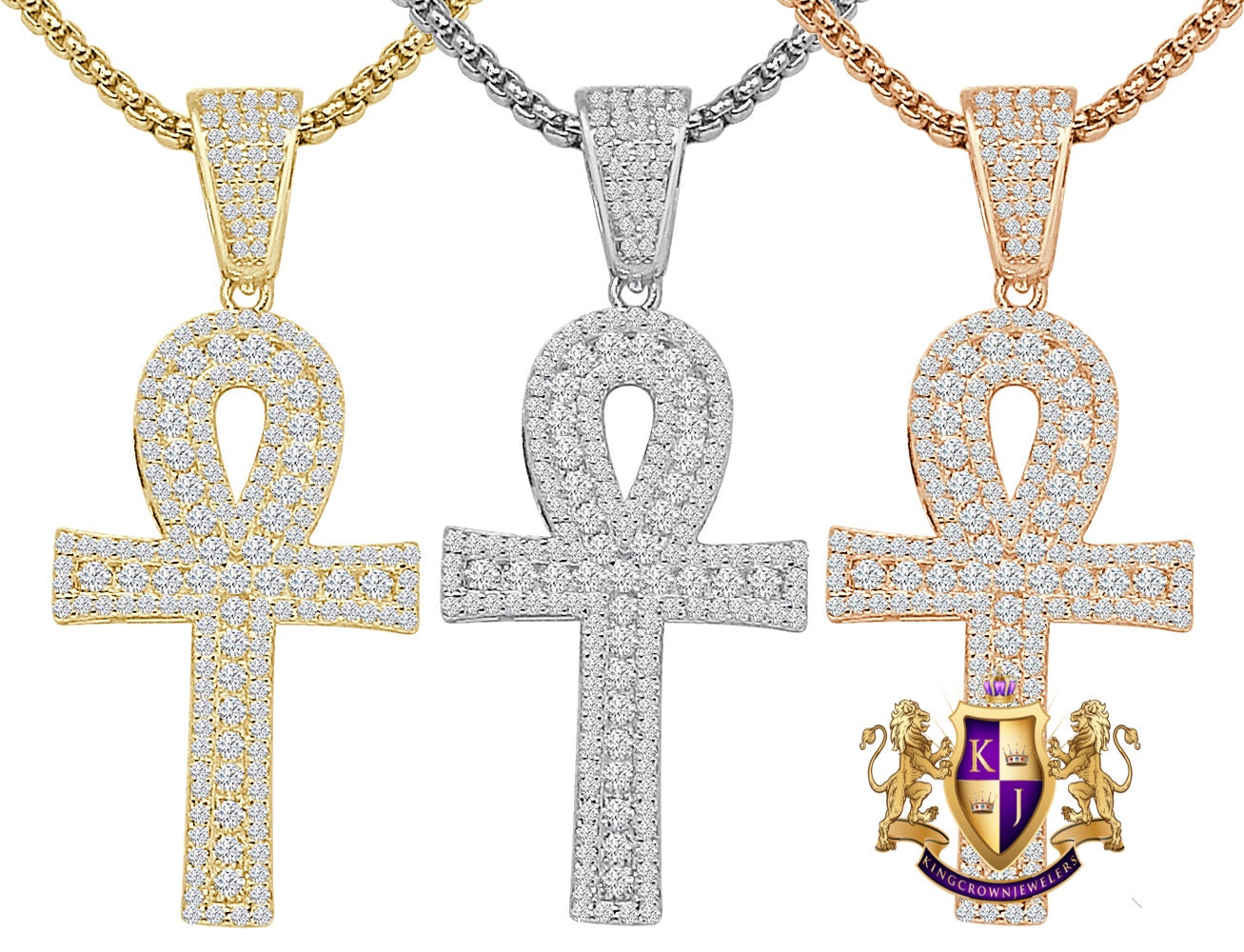 Sterling Silver Round Cut Simulated Diamond 14K Gold Over Egyptian Ankh Cross Small 1.55'' Charm Pendent + Free Chain