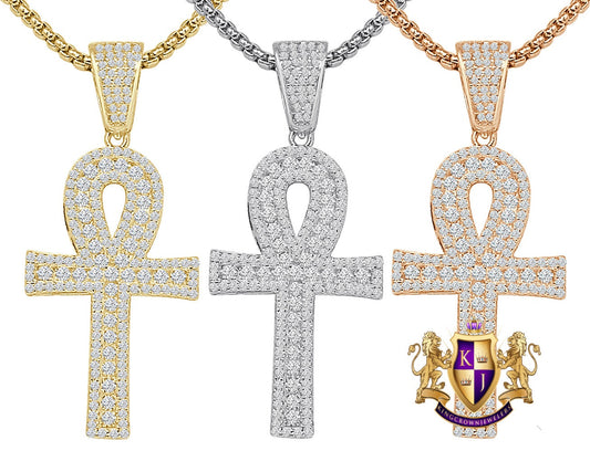 Sterling Silver Round Cut Simulated Diamond 14K Gold Over Egyptian Ankh Cross Small 1.55'' Charm Pendent + Free Chain