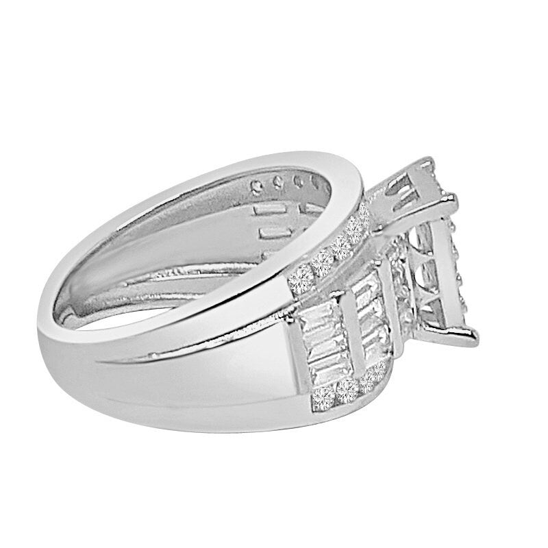 14K White Gold On Real Silver Ladies Women's Baguette Princess Cut Simulated Diamond 4.00 Cwt. Bridal Wedding Engagement Ring Band