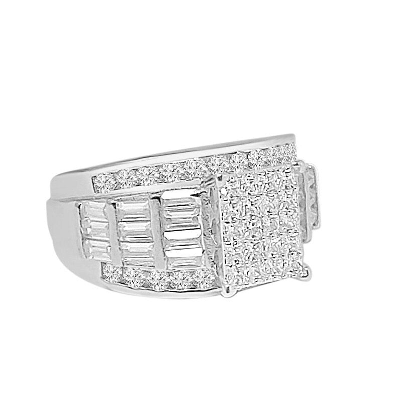 14K White Gold On Real Silver Ladies Women's Baguette Princess Cut Simulated Diamond 4.00 Cwt. Bridal Wedding Engagement Ring Band
