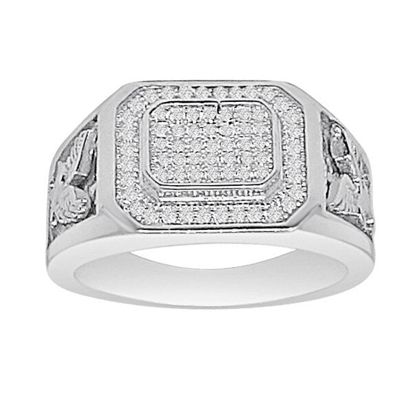 Real Genuine Sterling Silver 14K White Gold Over Simulated Diamond Men's Wedding Engagement Ring Band