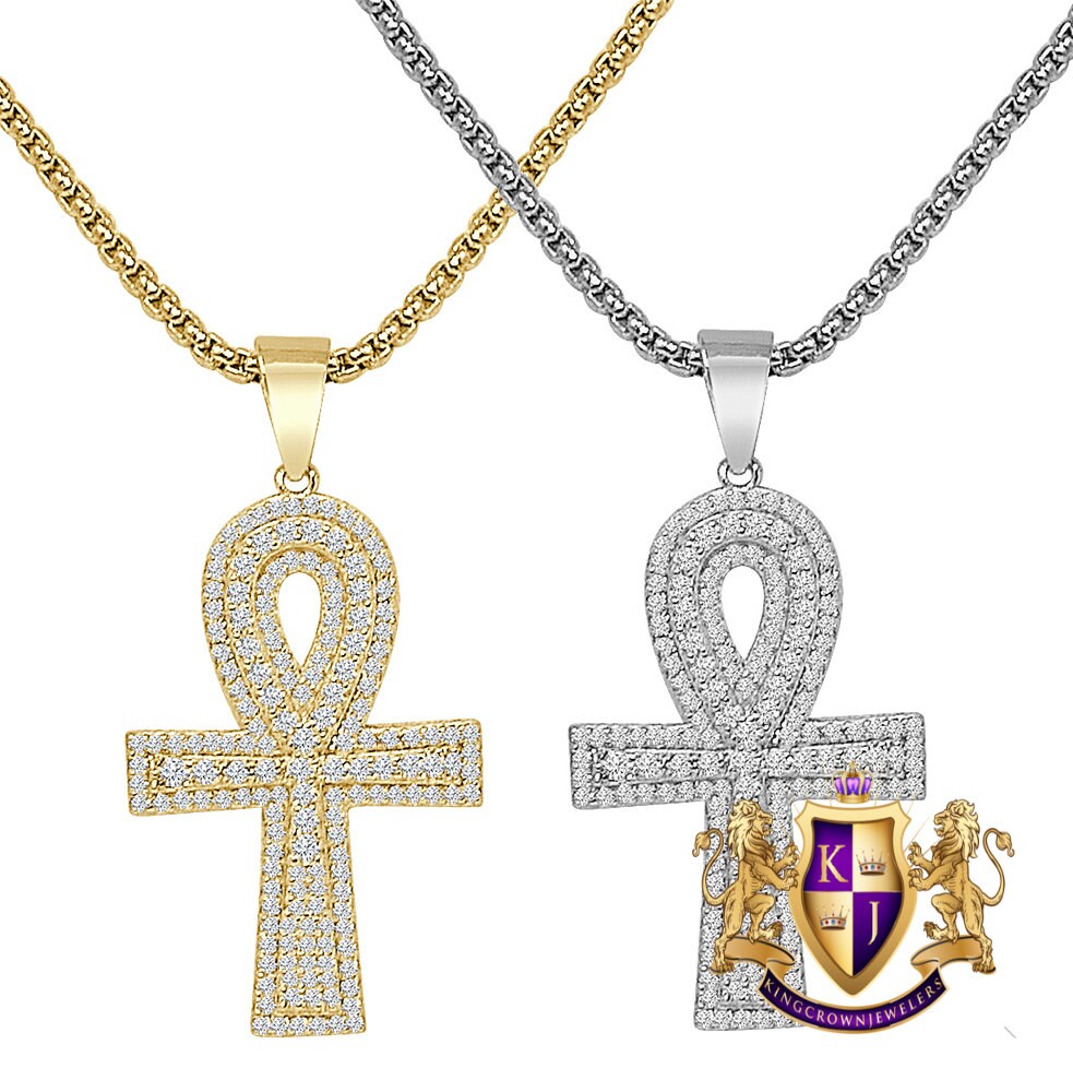 14K Gold Over Sterling Silver Round Cut Simulated Diamond Egyptian Ankh Cross Small 1.80'' Charm Pendent + Free Chain