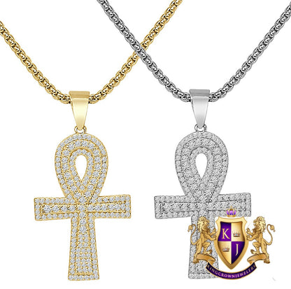 14K Gold Over Sterling Silver Round Cut Simulated Diamond Egyptian Ankh Cross Small 1.80'' Charm Pendent + Free Chain