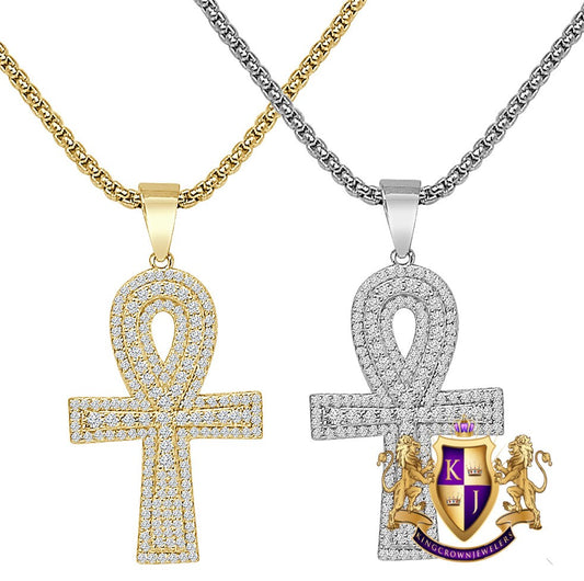 14K Gold Over Sterling Silver Round Cut Simulated Diamond Egyptian Ankh Cross Small 1.80'' Charm Pendent + Free Chain