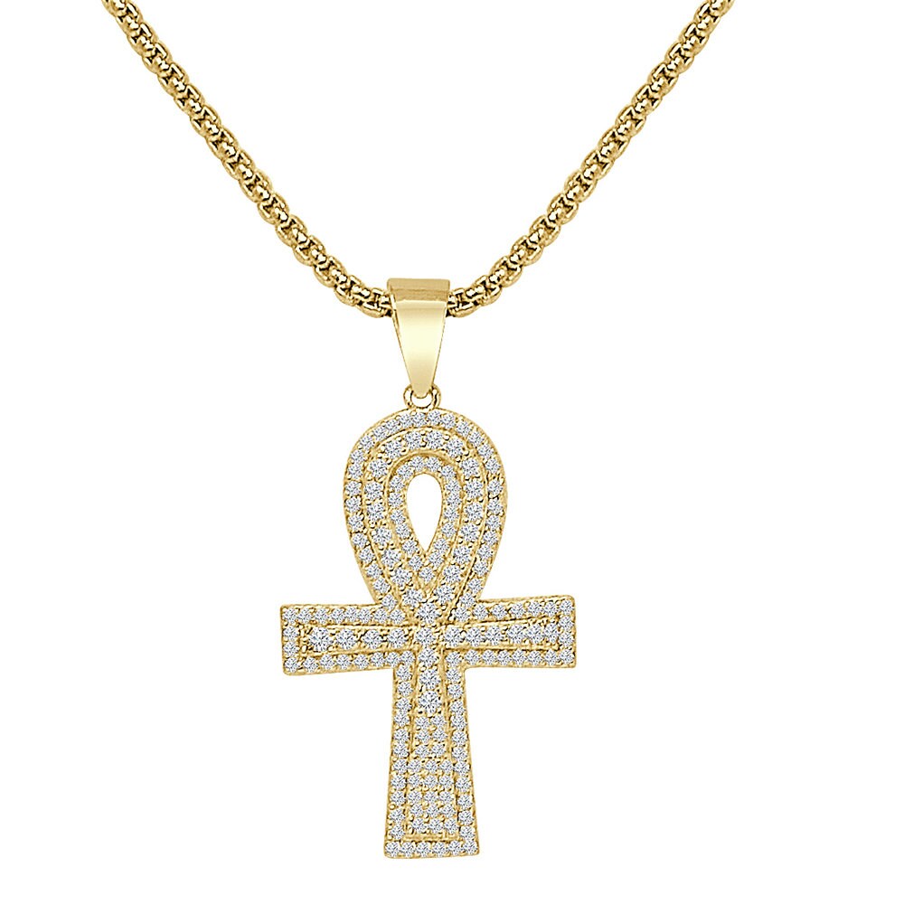 14K Gold Over Sterling Silver Round Cut Simulated Diamond Egyptian Ankh Cross Small 1.80'' Charm Pendent + Free Chain
