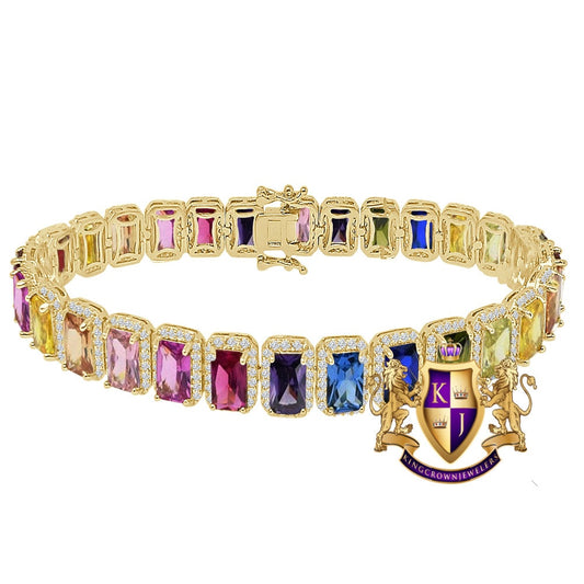 25+ Grams Rainbow Multi Tone 14K Yellow Gold Finish 6.00 Cwt. Simulated Diamonds Solitaire Men's Ladies Tennis Link Bracelet 10mm / 8.5 Inch