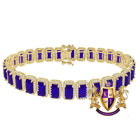 25+ Grams 14K Yellow Gold Over Blue Sapphire 6.00 Cwt. Simulated Diamonds Solitaire Men's Ladies Unisex Tennis Link Bracelet 10mm / 8.5 Inch