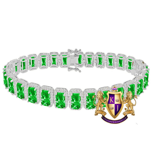 14K White Gold Finish Emerald Green Simulated Diamonds Solitaire Mens Ladies Bracelet 10mm / 8.5 Inch